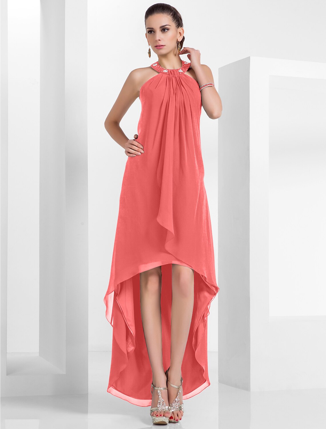 Abito da cocktail a trapezio, abito natalizio rosso verde, per invitati a matrimoni, cocktail party, asimmetrico, senza maniche, scollo all'americana, in chiffon, senza schienale, con pieghe e perline